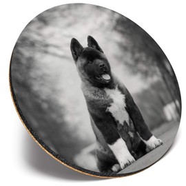 Round Single Coaster - BW - Large American Akita Puppy Dog |Glossy Quality Coasters | Tabletop Protection for Any Table Type #36628