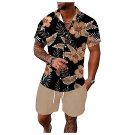GORGLITTER Men's Hawaiian Matching Set Summer Beach 2 Piece Outfits Flower Button Down Shirts and Shorts Set