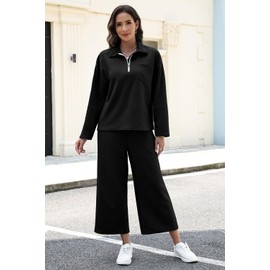 AGSEEM Two Piece Sets for Women, Long Sleeve 1/4 Zip Pullover Wide Pant Black Lounge Set Outfits Sweatsuits 2 Piece Set,XXL