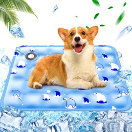 AHYDFSR Kühlmatte Hunde Katzen,wassergefüllte Kühlmatte,Hunde kühlmatte verwenden selbstkühlend mit ungiftiges Gel,Hellblauer Eisbär,50×60cm, L