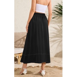 Colormagic Womens Boho Maxi Skirt High Waisted Contrast-Stitch Flowy Long Skirts for Women with Pockets(Black,XL)