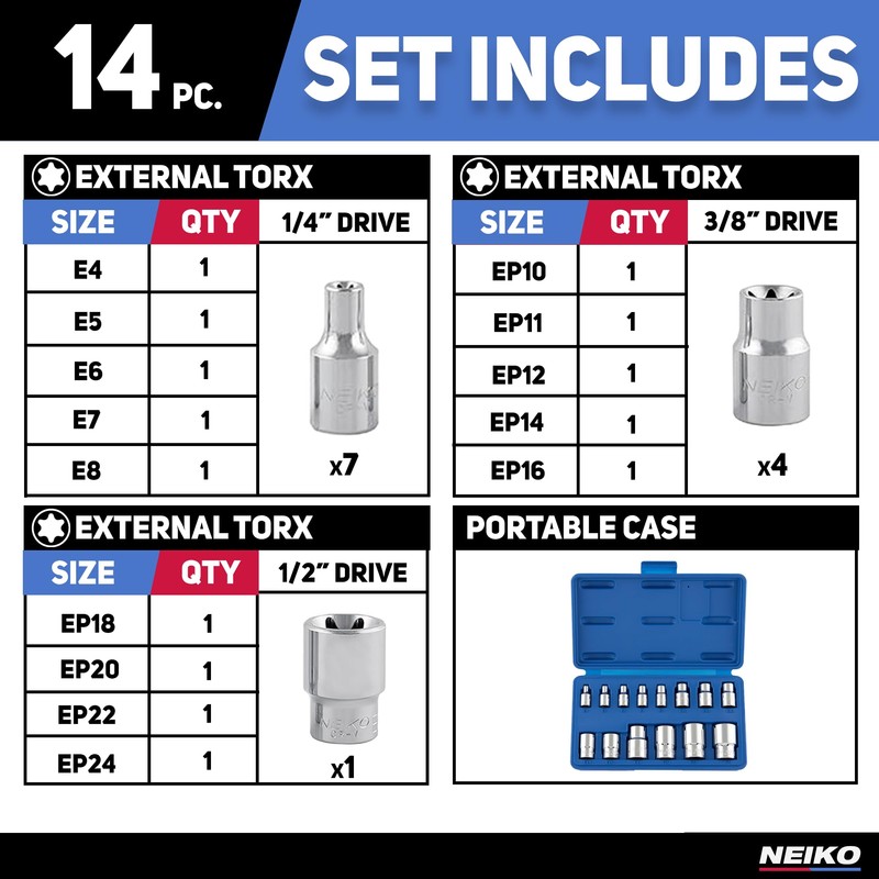 NEIKO 04300A E-Torx Socket Set, 14 Piece, External Torx, E4
