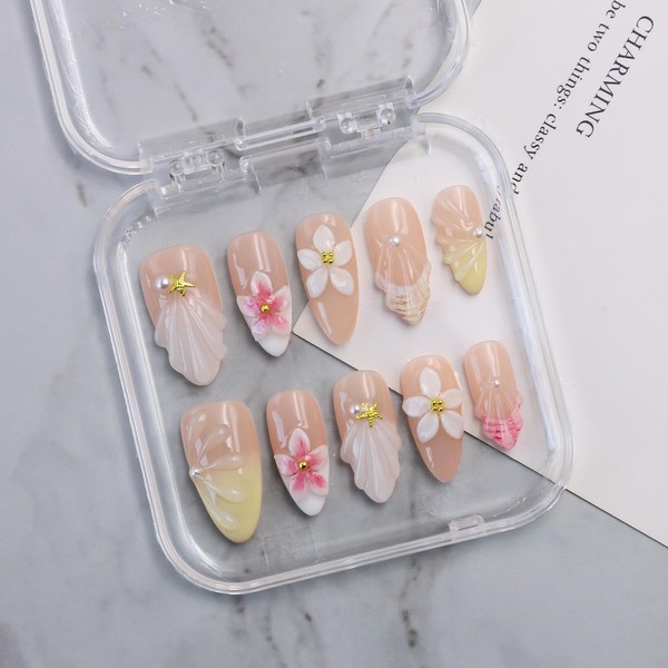 Handmade Flower Press on Nails French Tip Almond Medium False