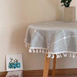 Hpxrom Lattice Rustic Farmhouse Round Tablecloth Cotton Linen Grey Dust-Proof Washable Boho Embroidery Table Cover Heavy Weight Table Cloth for Party Kitchen Dining Tabletop Decoration 48 Inch