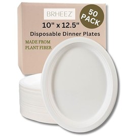 brheez Disposable Oval Large Plates Made from Plant Fiber More Heavy Duty Than Paper Also Used as Platters 10 inch x12.5 inch Pack of 50
