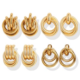 Stocking Stuffers Holiday Outfits for Women 2024 4Pairs Chunky Gold Earrings for Women Trendy Gold Statement Geometric Dangle Drop Earrings Chunky Knot Link Earring Dupes Fashion Jewelry Gift