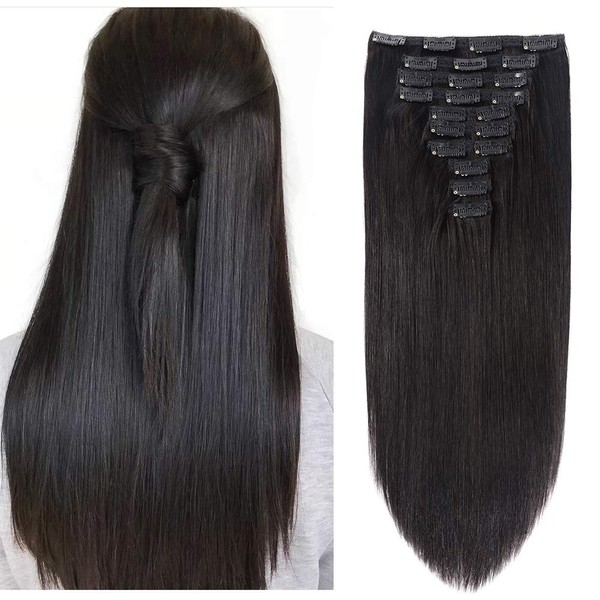 22" Clip in Human Hair Extensions Full Head 200g 10 Pieces 22 Clips Natural Black Double Weft Brazilian Real Remy Hair Extensions Thick Straight Silky (22",200g 1B#)