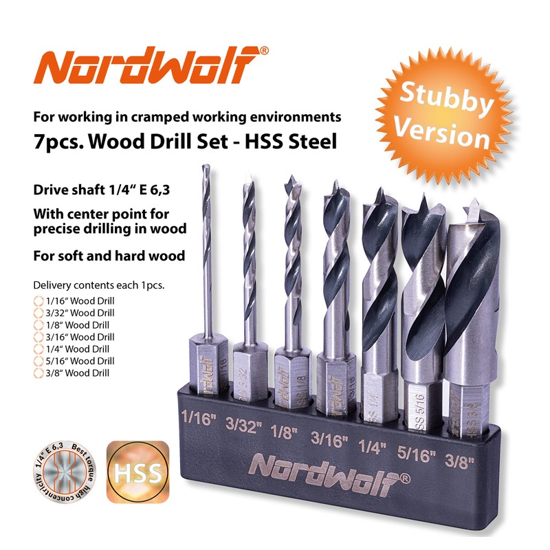 NordWolf 7-Piece HSS Brad Point Stubby Wood Drill Bit Set