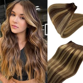 Sew in Hair Extensions Real Human Hair Brown Balayage Hand Tied Weft Hair Extensions 18Inch 100G Highlights Hand Tied Weft Hair Extensions 4/27 Dark Brown Mix Honey Blonde Highlight Sew in Extensions