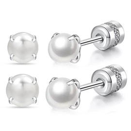 2pairs Titanium Flat Back Earrings,Silver Pearl Stud Earrings for Women Screw Back Studs for Girls Hypoallergenic Cartilage Nap Sleep Earrings Helix Jewelry(Titanium Screw Stud)