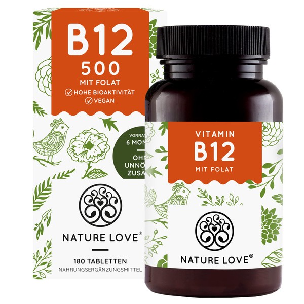 Nature Love® Vitamin B12 – Comparison winner 2019* – 1000 μg, 180 tablets. Both active forms of Adenosyl & Methylcobalamin + Depot + Folic Acid as 5-MTHF. Vegan, high dosage, made in Germany.