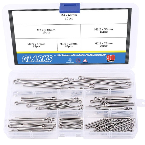 Glarks 90Pcs 304 Stainless Steel Cotter Pin Clip Key Fastner Fitting Assortment Kit