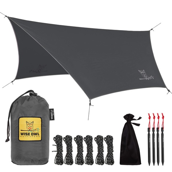 Wise Owl Outfitters Hammock Tarp, Hammock Tent - Rain Tarp for Camping Hammock - Camping Gear Must Haves w/ Easy Set Up Including Tent Stakes and Carry Bag - Standard Grey