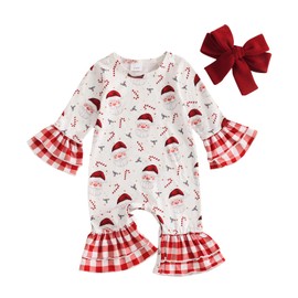 Twopumpkin Baby My First Christmas Outfit Girl Newborn Infant Gingerbread Jumpsuit Candy Cane Romper Christmas Dress Clothes (Santa candy cane plaid burgundy, 12-18 Months)