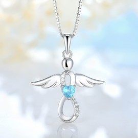 FJ Angel Necklace, Guardian Angel Pendant Necklace, 925 Sterling Silver, Heart Birthstone, Zirconia, Jewellery Gifts for Women/Girls
