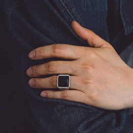 Bandmax Stainless Steel Band Ring with Black Gemstone 15MM Square Black Onyx Ring for Men Women Black Cubic Zirconia Ring for Wedding Anniversary Size 8