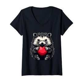 Womens Hedgehog Hugging Heart Valentines Day Love Hedgehog V-Neck T-Shirt