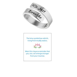akowemge Lotus Just Breathe Ring for Women，Summer Stainless Steel Adjustable Engraved Hope Encourage Ring Jewelry (silvery)