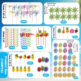 100PCS Cocktail Accessories for Drinks, Cocktail Decorations Party Pack, Reusable Paper Umbrellas, Sparkler Sticks, Paper Straws,Fruit Label, Cocktail Accessories for Summer Beach Party Food Drink