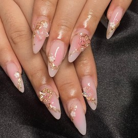 24Pcs Almond Press on Nails Medium Fake Nails Pink Gradient False Nails Summer Almond Nails with 3D Flower Golden Line Designs Acrylic Nails Press ons Glossy Full cover Stick on Nails for Women