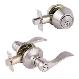 Gobrico Keyed Alike Entry Door Lock Set Handle and Double Cylinder Deadbolt Combo Door Handleset, Satin Nickel Finished