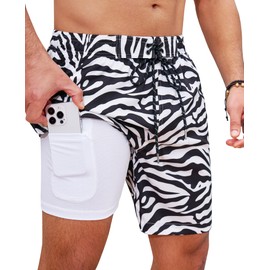 Gleeease Mens Swim Trunks with Compression Liner 2 in 1 Printed Swimming Short Swim Suits Men Bathing Suit Board Shorts 7 Inch, 23-white(zebra Stripe), Small