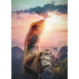 Ulmer Puzzleschmiede - "To The Light" Puzzle - Artistic 1000 Piece Puzzle with Iguana & Butterfly - The Animals Touch Up in the Light of Warm Evening Sun - Fine Adult Puzzle