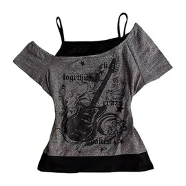 Alt Goth Emo Grunge Shirts Fake 2 Piece Grahpic Tees Y2k Baby Tee Women Streetwear 2000s Crop Top Summer 2025 (Dark Grey,L,Large)