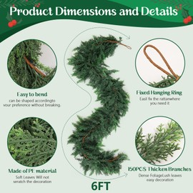 6ft Christmas Cedar Garland with Soft Thickness Pine,Thick and Lush,Artificial Green Faux Cedar Pine Garland for Christmas Winter Home Mantel Fireplace Holiday Party Décor