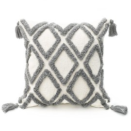 PLWORLD Boho Gray Throw Pillow Cover 20x20 Inch with Tassels, Grey Moroccan Tufted Decorative Cream Chenille Fabric Accent Textured Cushion Case for Bed Couch, 1 PC Cover Only No Insert