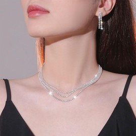 Auriselle Strass Hochzeitsschmuck Damen, 2-Teiliges Brautschmuck Schmucksets Braut Liniengestaltung Halskette Ohrring Set Strasssteinen Glänzend, Hochzeit Jewelry Ketten Frauen Mädchen, Silbern