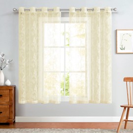 TOPICK Lace Curtains, Transparent Lace Curtains, Scarf, Rose Curtain with Eyelets, Transparent Curtain for Living Room, Dining Room, Bedroom, Beige, 150 x 145 cm, Set of 2