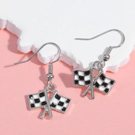 1 Pair Race Charm Earring, Black & White Checkered Flag Statement Earrings for Women,Earrings for Sensitive Ears Women, Waterproof Jewelry, Race Day Gift for Racers & Fans