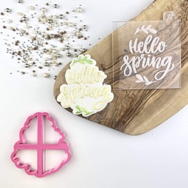 LissieLou Hello Spring Cookie Cutter and Embosser Easter Icing Stamp Fondant Embosser - Light Pink/Clear
