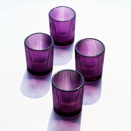 VOHO 12pcs Purple Votive Candle Holders for Christmas Holiday Decorations, Vintage Glass Votive Candle Holder for Coffee Table Centerpiece, Ribbed Tealight Candle Holder for Birthday Gifts