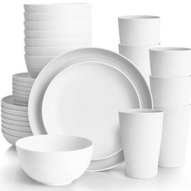 White Plate Set Dishes Set for 8 includes Dinner Plates,Pasta Bowls,Soup Bowls and Drinking Cups,Unbreakable White Dining Dishware Sets Microwave Dishwasher Safe For Kitchen Dorm Office Outdoor,32PCS