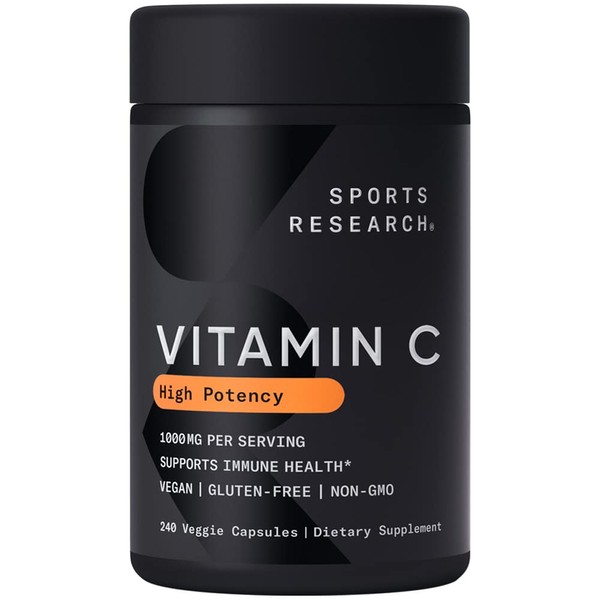 Sports Research High Potency Vitamin C Supplement - Vegan Veggie Capsules for Antioxidant Activity & Immune Support - Non-GMO Verified & Gluten Free - Ascorbic Acid Vitamin C 1000mg, 240 Count