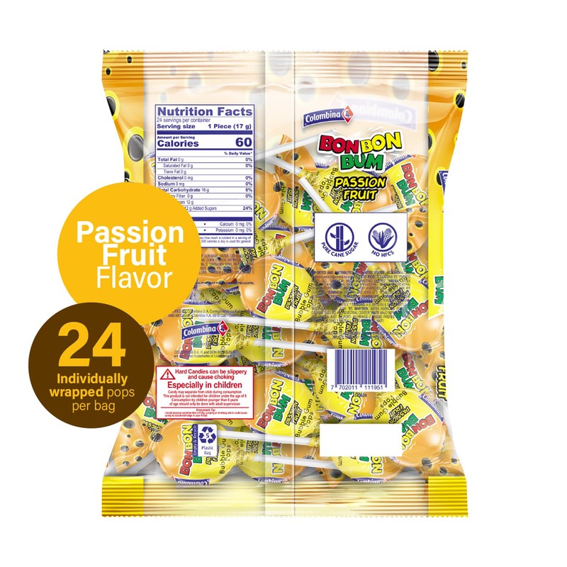 Colombina Bon Bon Bum Lollipops Tropical Passion Fruit Flavor, 24