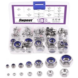 Swpeet 180Pcs Metric 304 Stainless Steel 2 Types Lock Nuts and Hex Nuts Assortment Kit, Coarse Thread Hexagon Nut for Home Automotive Shop Use (M2 M2.5 M3 M4 M5 M6 M8 M10 M12)