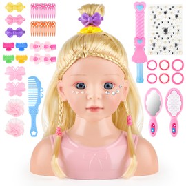 deAO Kids Hairdressing Makeup Doll Head, Dolls Head Styling Toy with Hair Dressing Accessories, Pretend Play Makeup and Hair Dressing Head Toys Set for 3 4 5 6+ Years Old Kids Girls