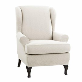 ENOVA FLORAL Wing Chair Slipcovers Couch Covers, Soft Rhombus Jacquard Polyester Spandex Fabric Wingback Slipcover 2 Pieces Chair Covers Furniture Protector for Living Room (Beige)