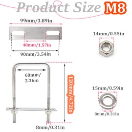 CEEYSEE Stainless Steel U Bolts Set, M8 Square 60x120mm, 4 PCS with Nuts, Washer and Frame Plate for Car and Industrial Applications