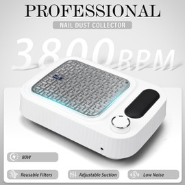 kswiown 80W Nail Dust Collector with Reusable Filters - Adjustable Suction Nail Vacuum System for Acrylic/Gel/Dip Nails, Salon & Home Manicure/Pedicure (White)