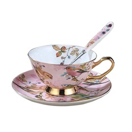 Eplze® YBK Tech Euro Style Cup& Saucer Set, Bone China Teacup Coffee Cup for Breakfast Home Kitchen- Birds and Trees Patterns (Light Pink)
