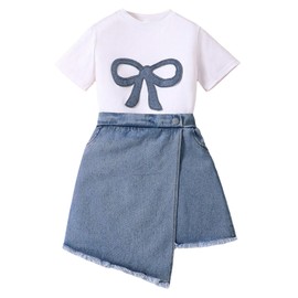 Verdusa Girl's 2 Piece Summer Outfit Bow Print Short Sleeve Tees Asymmetrical Jean Shorts Set White 11Y