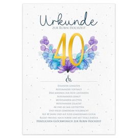 Rubinhochzeit Karte Geschenk Urkunde zum 40. Hochzeitstag personalisierbar DIN A4 | Geschenkidee Rubin Hochzeit Ehe Jubil√§um Gl√ºckwunschkarte (40. Hochzeitstag Rubinhochzeit)