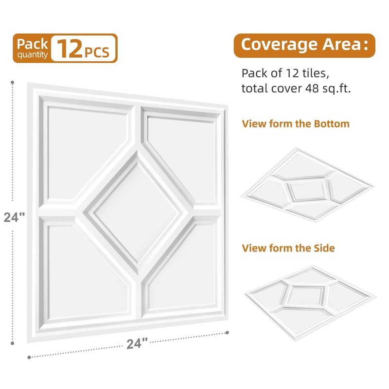 WOWSTAR 12-Pack 24"x24" Drop Ceiling Tiles, 3D Decorative Glue Up