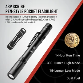 ASP Scribe, Pen-Style Pocket LED Flashlight, 330 Lumens, Bright Cree XPG2 LED, Every Day Carry Tactical Light for Law Enforcement, Includes Rechargeable Battery and Micro-USB Adapter, Tactical Black
