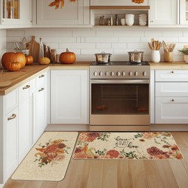 Tikeciti Fall Dahlia Pumpkin Kitchen Mats Set of 2, Sweet Home Floral Kitchen Rugs Autumn Floor Non-Slip Low Profile Mat Seasonal Farmhouse Home Decor 17x29 and 17x47 Inch