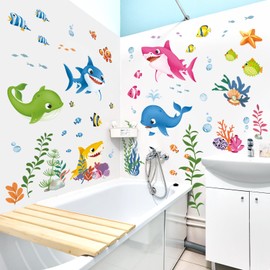 decalmile Under The Sea Fish Wall Decals Colorful Sharks Seaweed Ocean Wall Stickers Kids Bedroom Nursery Bathroom Wall Decor